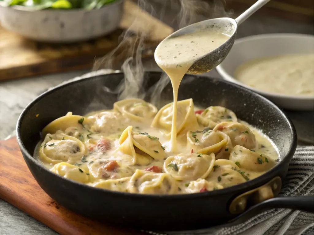 Ladle pouring creamy sauce into a skillet.