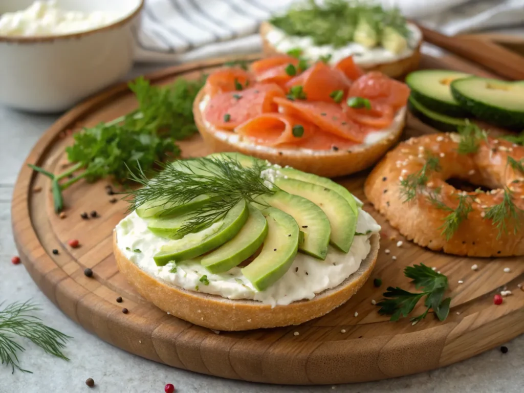 Healthy toppings for bagels on a platter.