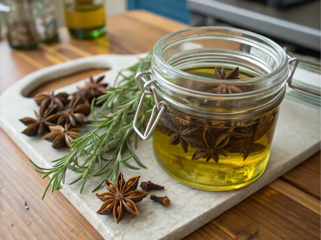 Glass jar filled with liquid and pods steeping beside a sprig of herbs.