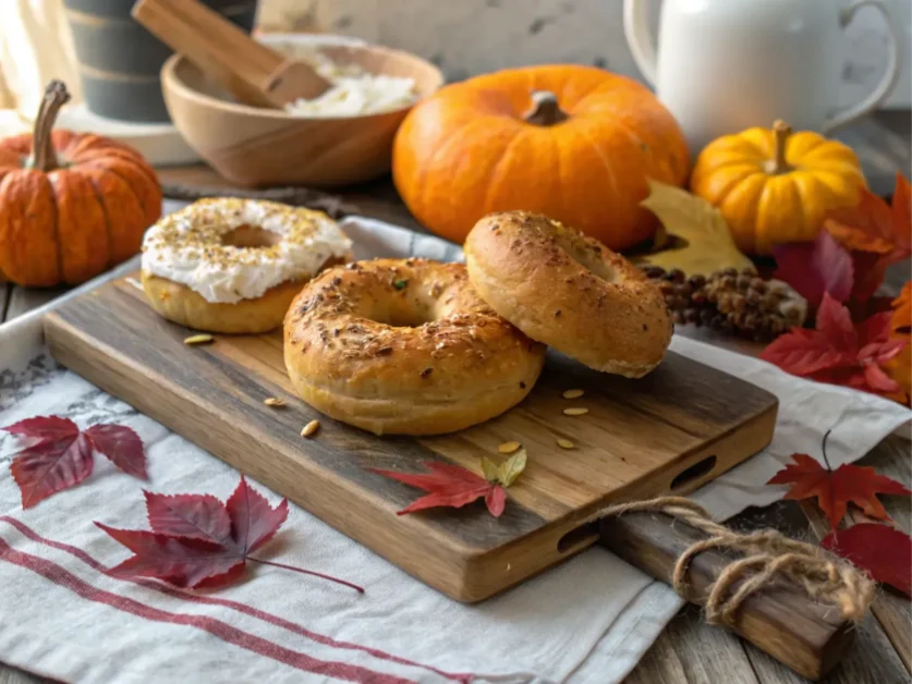 Pumpkin bagels on a wooden board with fall decorations.