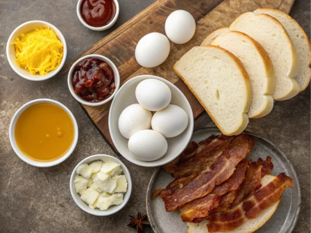 Flat lay of ingredients for an Egg Drop sandwich.