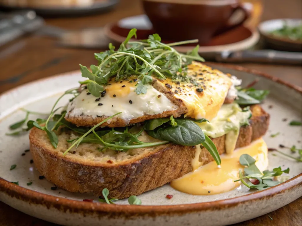 Plated sandwich with melted cheese and herbs on a ceramic plate.