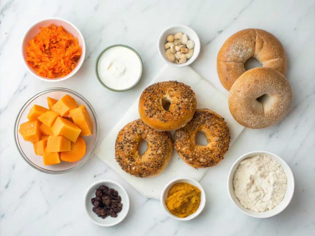 Ingredients for pumpkin bagels on a marble countertop.