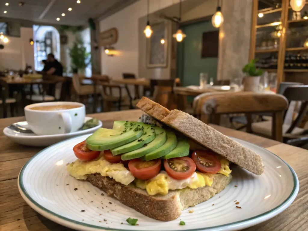 Sandwich with avocado and tomatoes in a modern café setting.