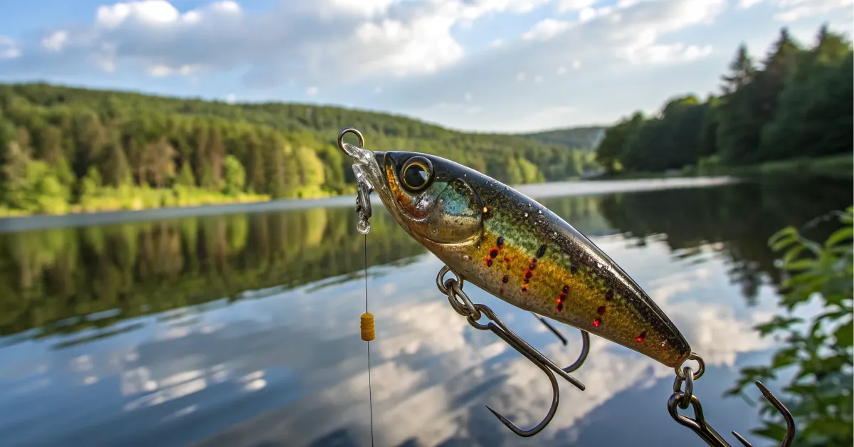 A fishing lure coated with anise oil, placed near a calm lake.