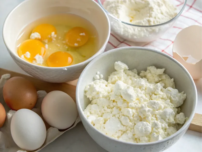 Visual guide to fixing watery scrambled eggs with cottage cheese.