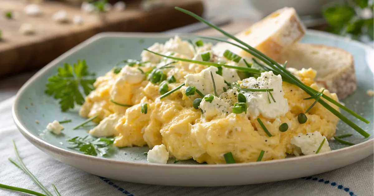 Fluffy scrambled eggs with cottage cheese on a ceramic plate.