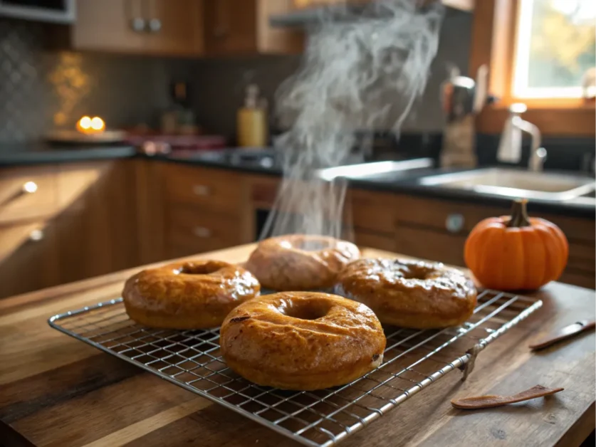 Freshly baked pumpkin bagels cooling on a wire rack.