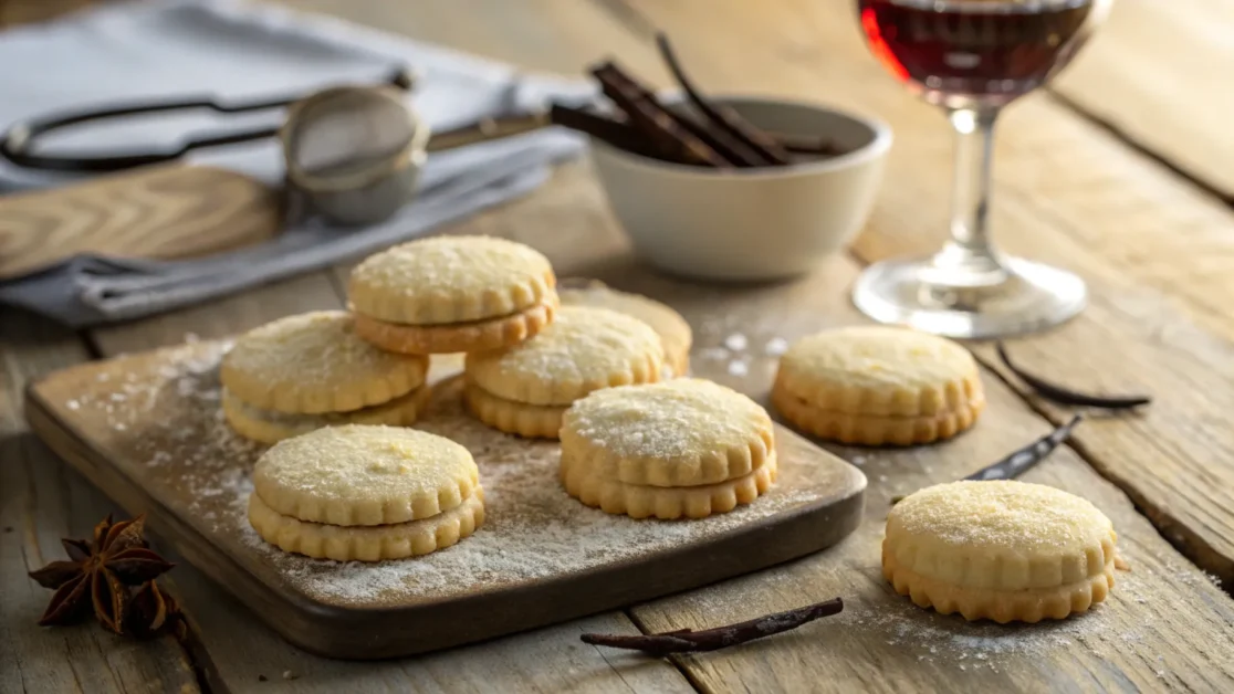 Close-up of vanilla wine biscuits on a wooden table with vanilla pods and a wine glass.