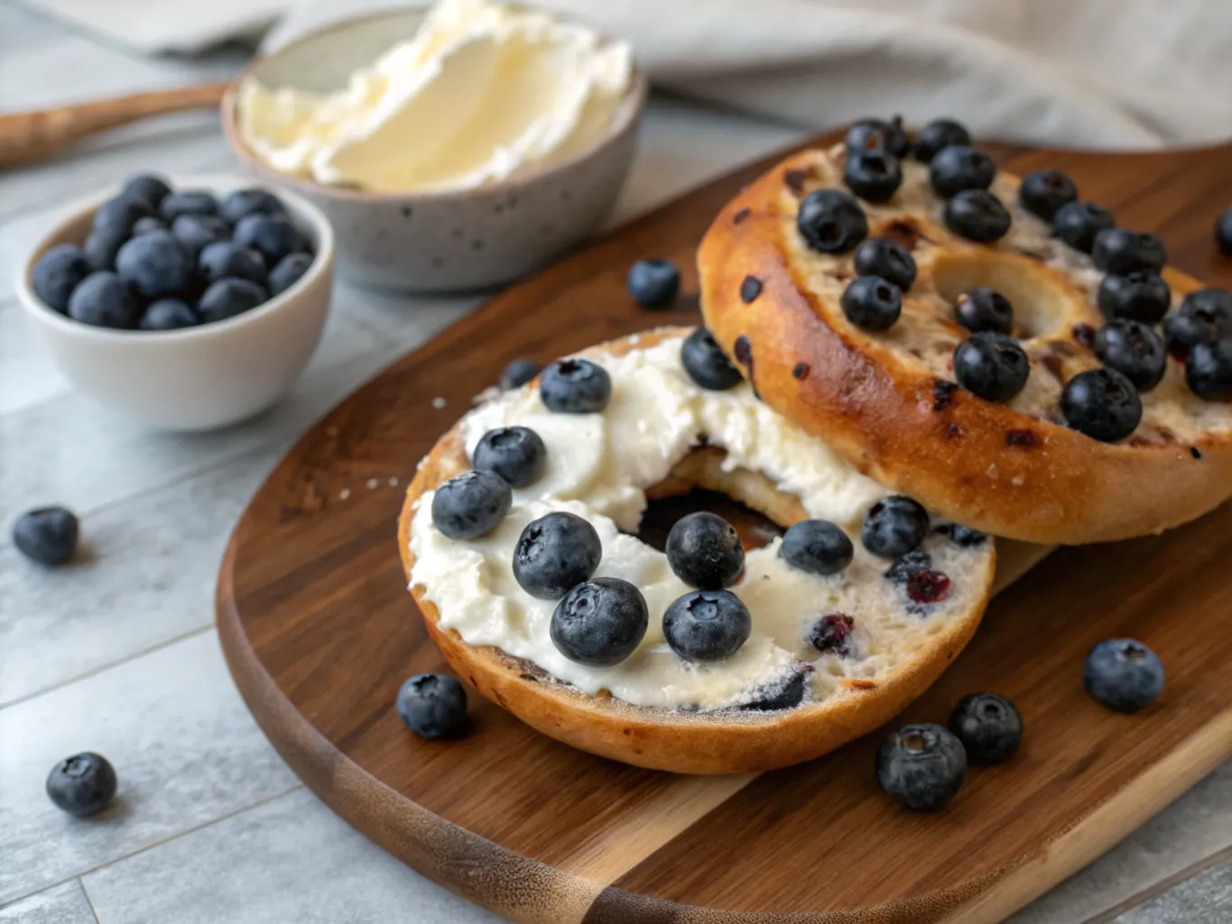 A sliced blueberry bagel with cream cheese and fresh blueberries.