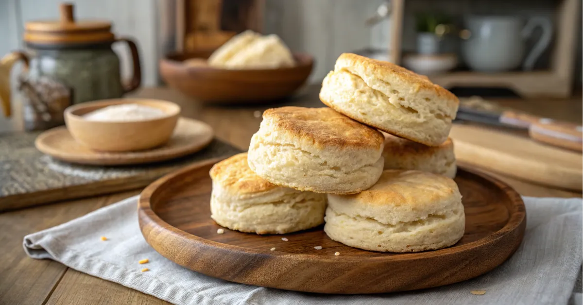 A stack of golden-brown gluten-free biscuits on a wooden plate.