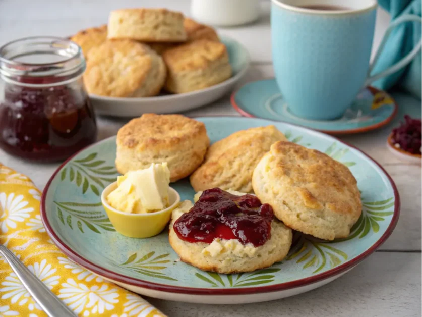 Gluten-free biscuits served with butter and jam on a breakfast table.