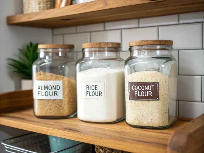 Gluten-free flours in jars on a kitchen shelf.