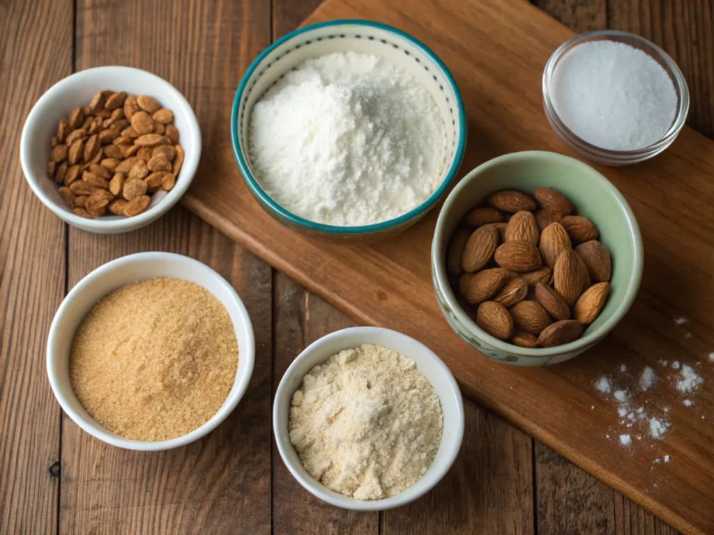 Gluten-free substitutes like almond and coconut flour on a countertop