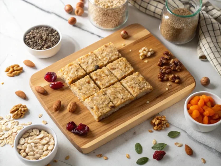 Gluten-free Krispie biscuit squares displayed on a wooden board.