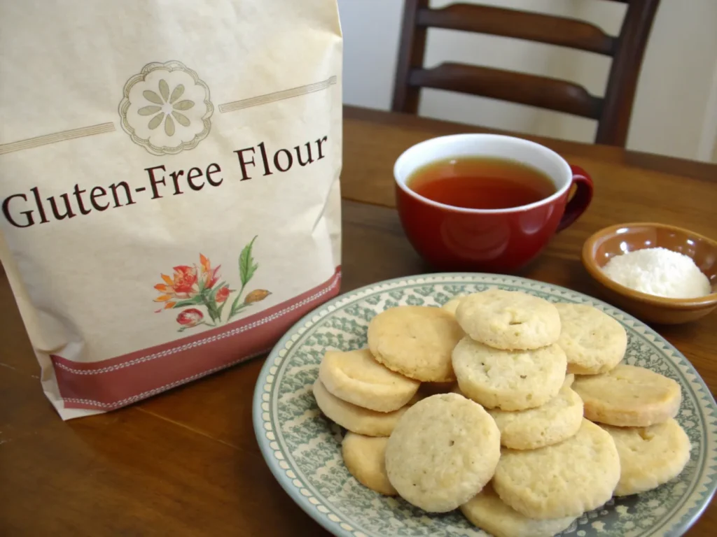 Plate of gluten-free biscuits with tea and flour.