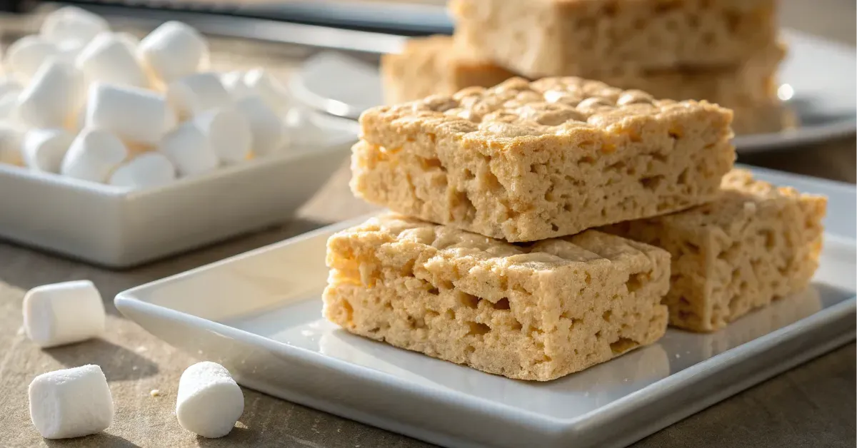 A stack of Krispie biscuits on a white plate with melting marshmallows in the background.