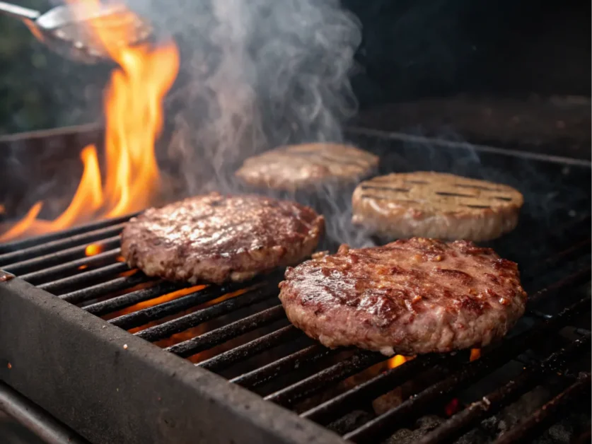 Brisket patties cooking on a grill with char marks.