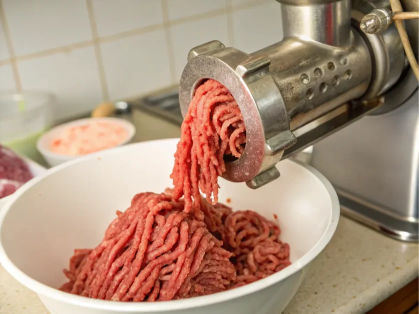 Brisket being ground into fresh beef.