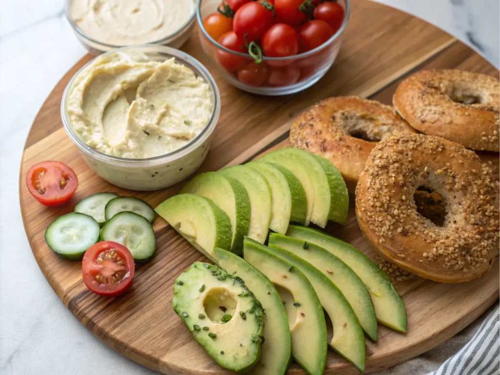 Healthy topping options for bagels including avocado and fresh veggies.