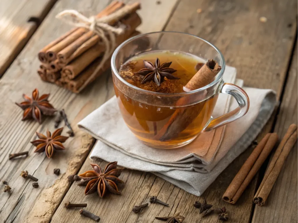 Herbal tea with anise pods and cinnamon sticks.