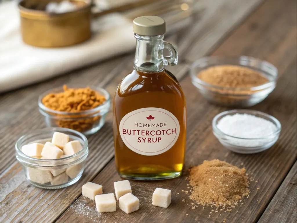 Homemade butterscotch syrup in a bottle with ingredients around