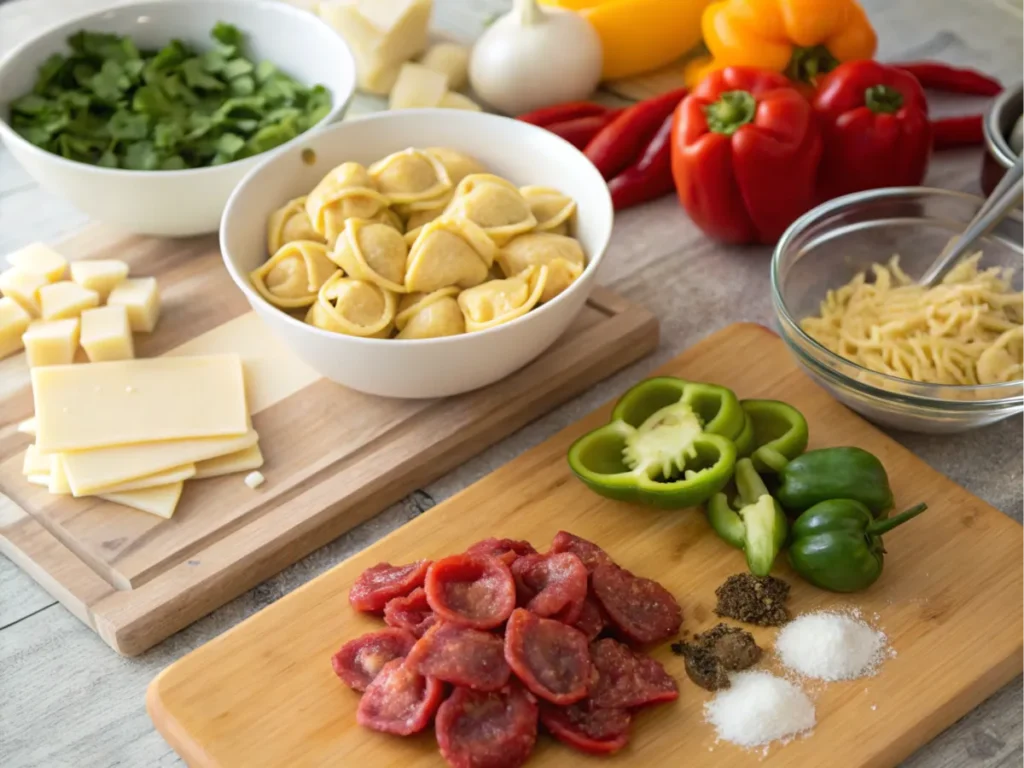 Ingredients for cheesesteak tortellini arranged on a countertop.