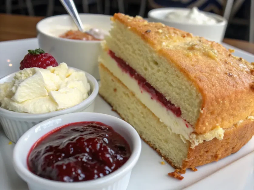 A sliced dish showing its texture, served with jam and cream cheese.