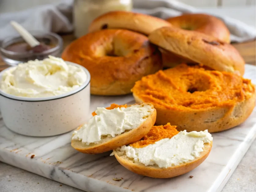 Pumpkin bagels sliced open with cream cheese on the side.