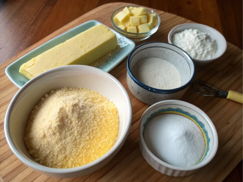 Ingredients for Journey Cake neatly arranged on a wooden surface.