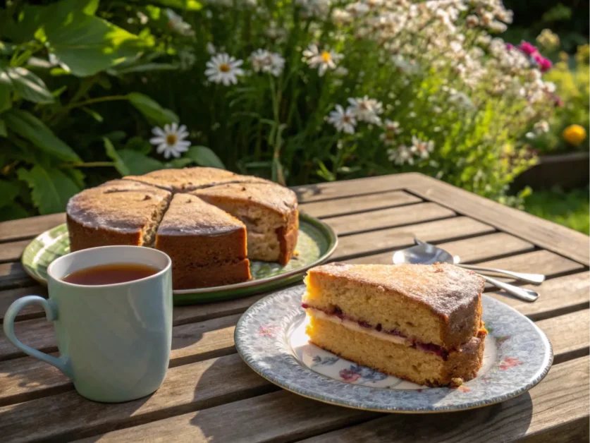 A rustic dish served outdoors on a wooden table with tea.