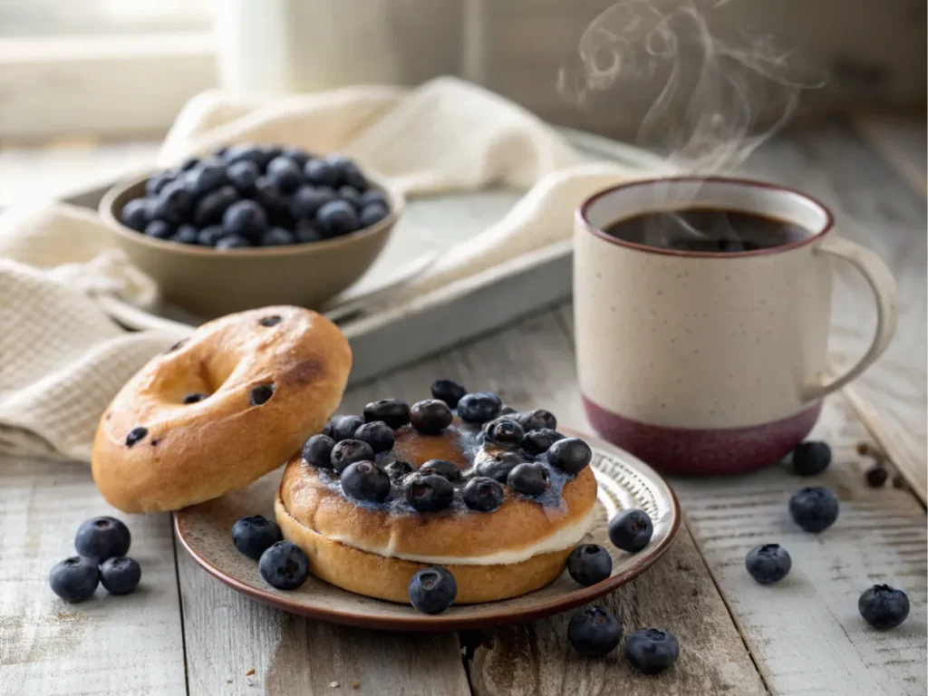 A blueberry bagel on a plate with a cup of coffee