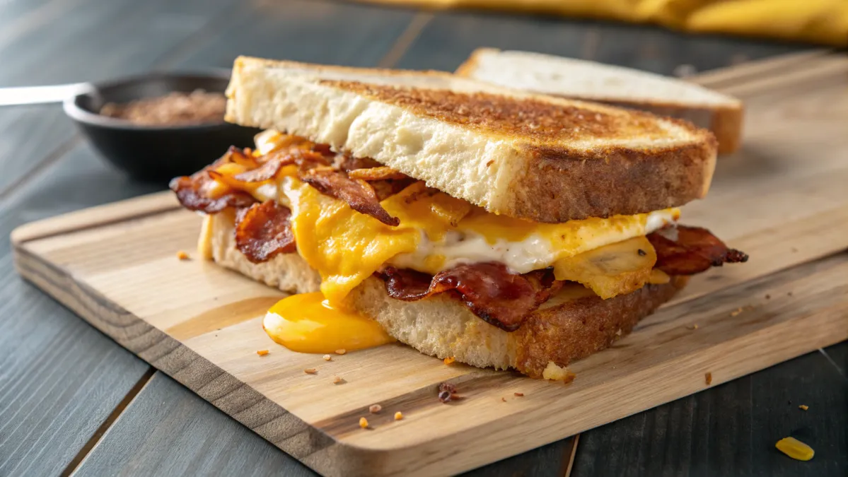 Close-up of a classic Egg Drop sandwich with melted cheese and bacon.