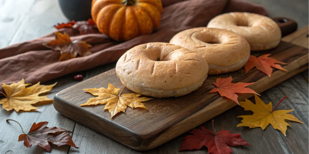 Pumpkin-shaped bagels on a wooden board with autumn decor.