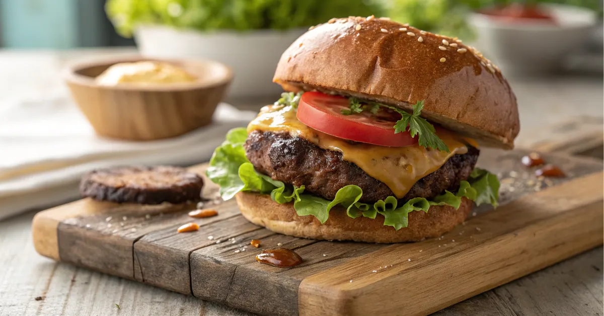 A close-up of a brisket hamburger on a toasted bun with garnishes.