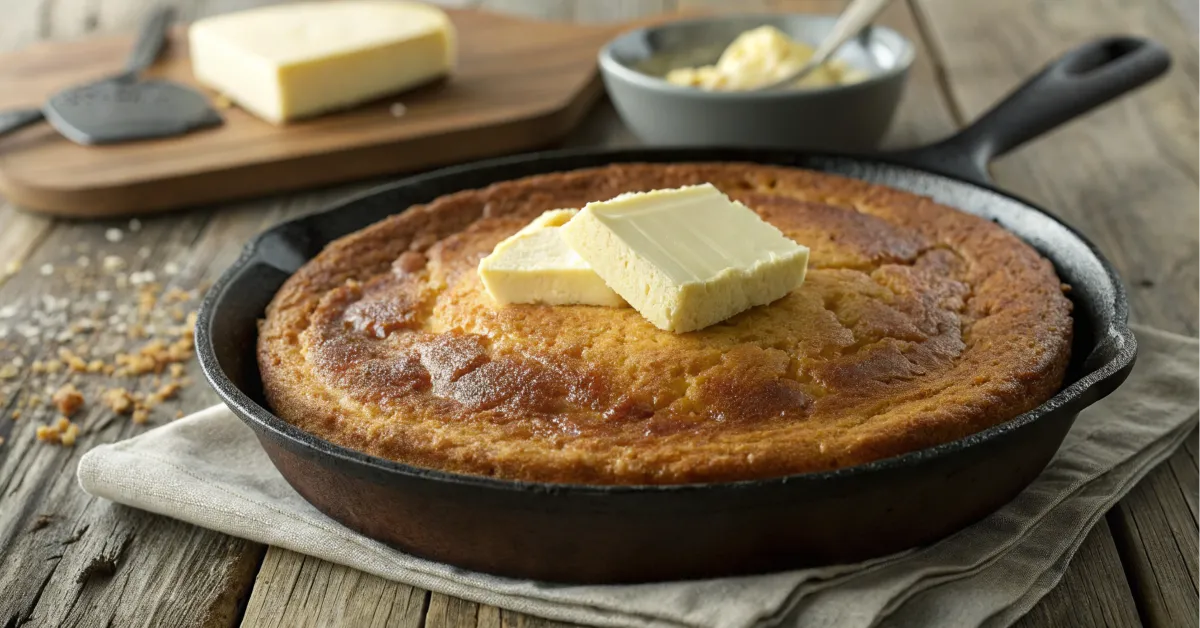 A close-up of a golden-brown Journey Cake with melted butter on top.