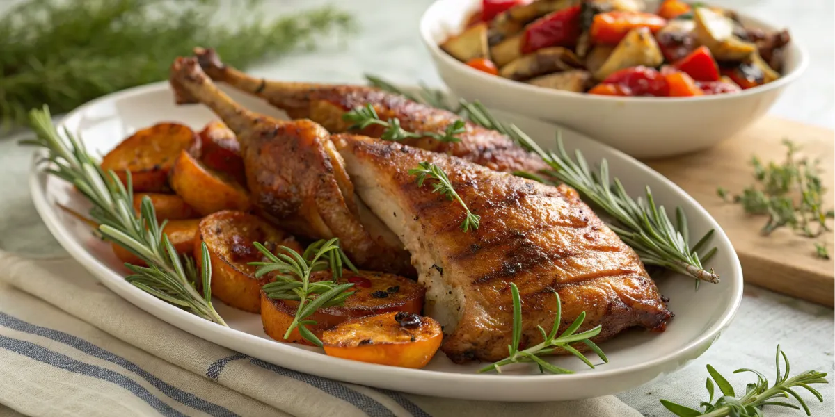 Roasted turkey ribs with herbs and vegetables.