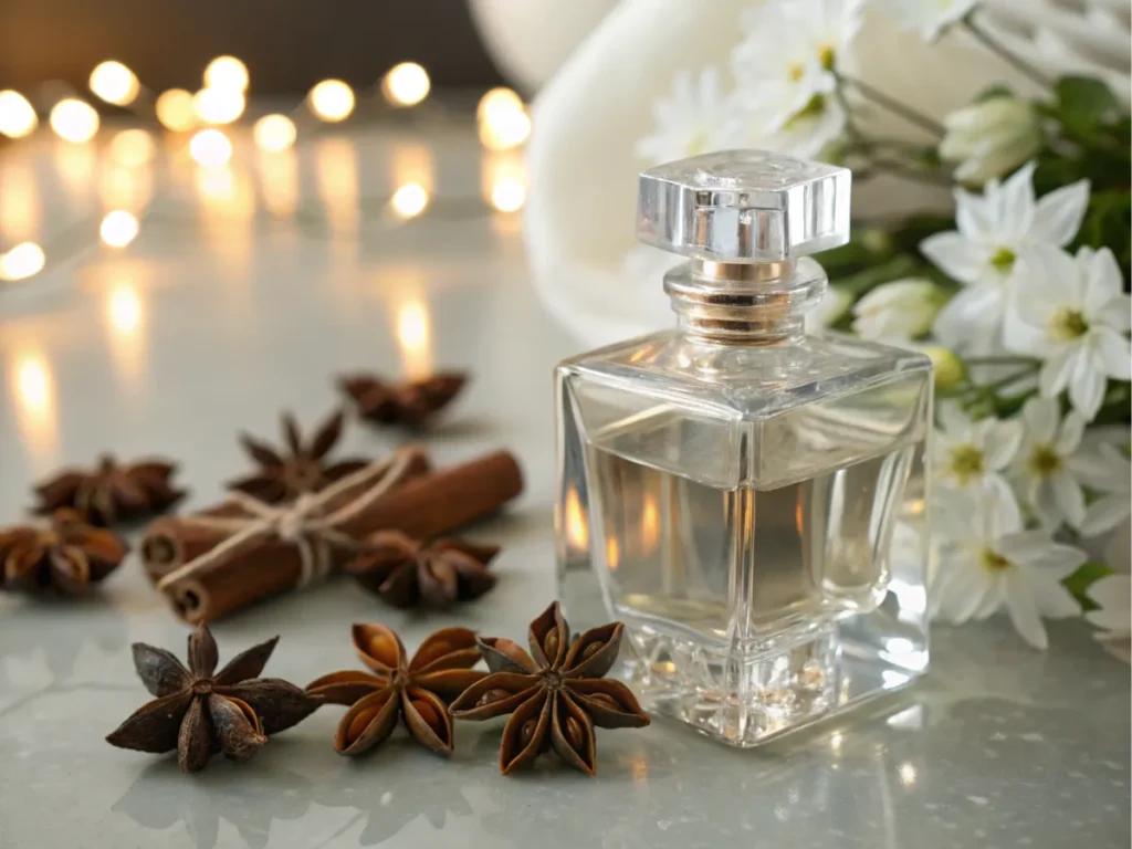 Perfume bottle surrounded by anise pods and flowers.