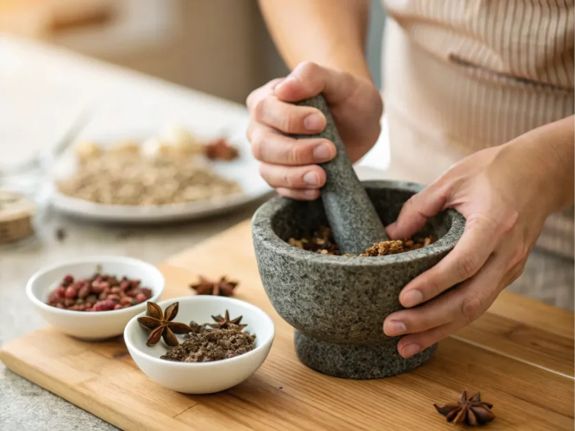 Crushing anise seeds with a mortar and pestle for homemade oil.