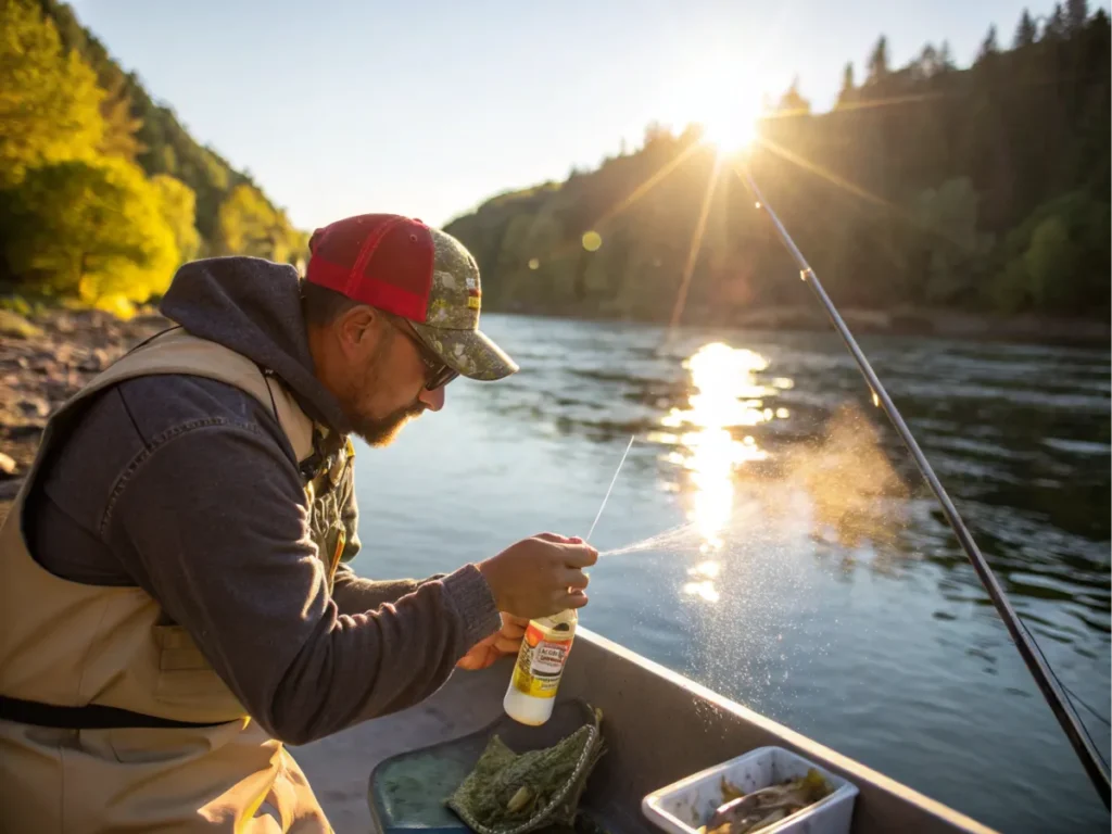 A fisherman spraying anise oil onto bait near a river.