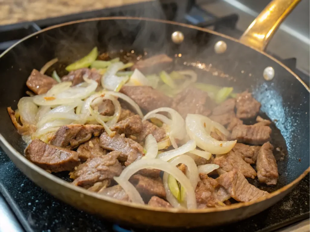 Beef and onions cooking in a pan for cheesesteak tortellini.