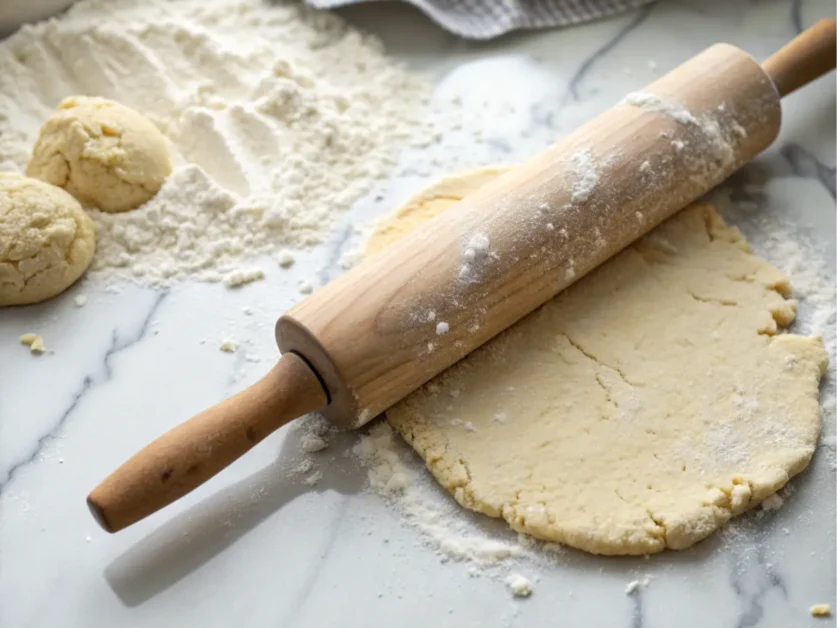 Rolling out gluten-free biscuit dough on a marble countertop.