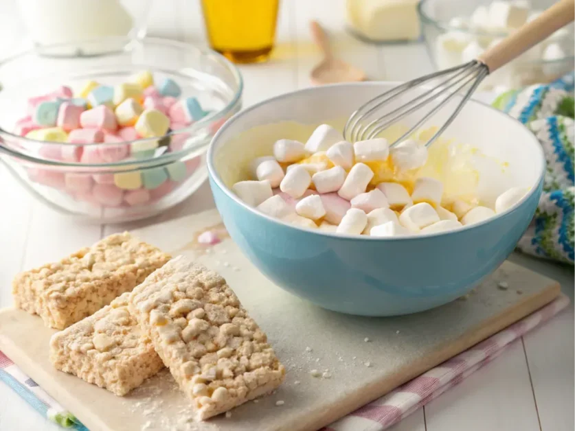 A mixing bowl with marshmallows and butter being melted, preparing for Rice Krispies