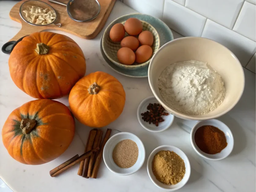 Ingredients for pumpkin bagels arranged on a kitchen counter.