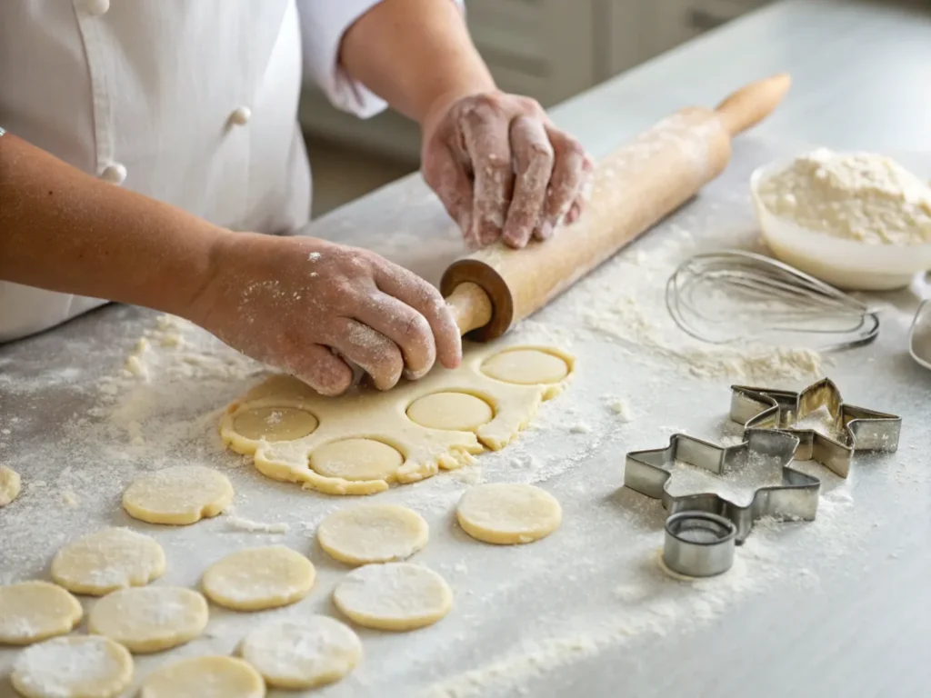 Baker shaping dough for vanilla wine biscuits on a floured surface.