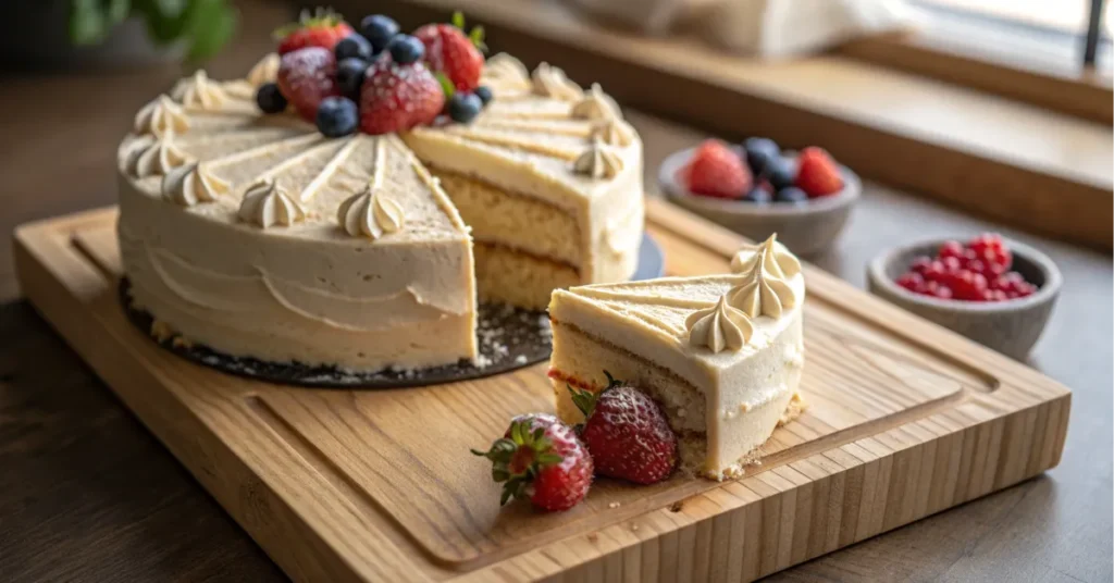 A close-up of a sliced travel cake on a wooden board with warm lighting.