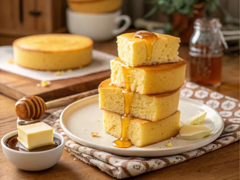 A stack of Journey Cakes with honey and butter.