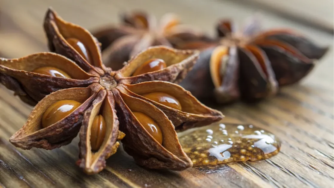 Star anise pod with oil drops glistening on a wooden table.