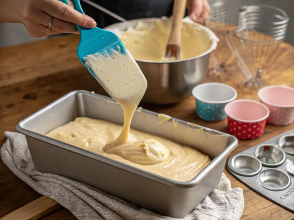 Batter being poured into a loaf pan.