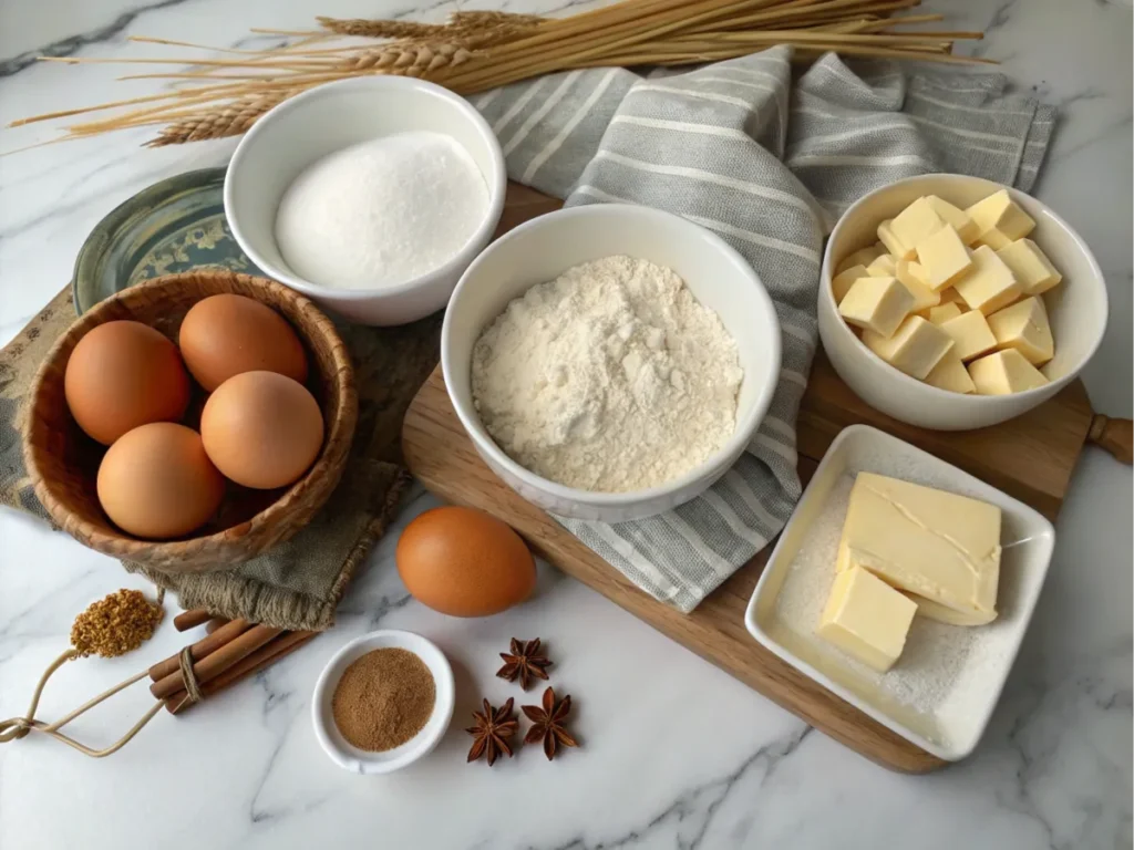 Ingredients arranged on a marble countertop.